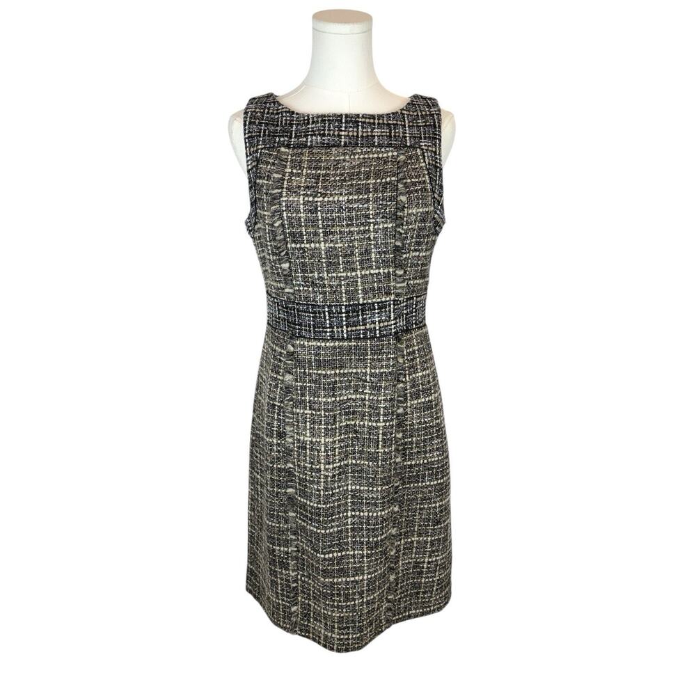 J. Crew Sz 6‎ Tweed Sleeveless Shift Dress Pepper Tan Brown Frayed Lined Pockets
